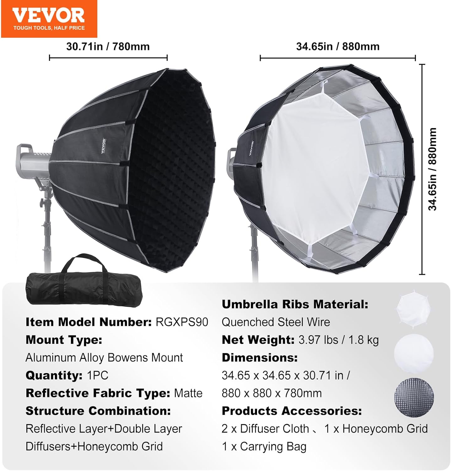 VEVOR Parabolic Softbox, 33 in / 850 mm, Quick Release and Quick Fold, Lightweight and Portable, Universal Bowens Mount, 4 Lighting Effects, Fits for Professionoal Photography, Daily Filming