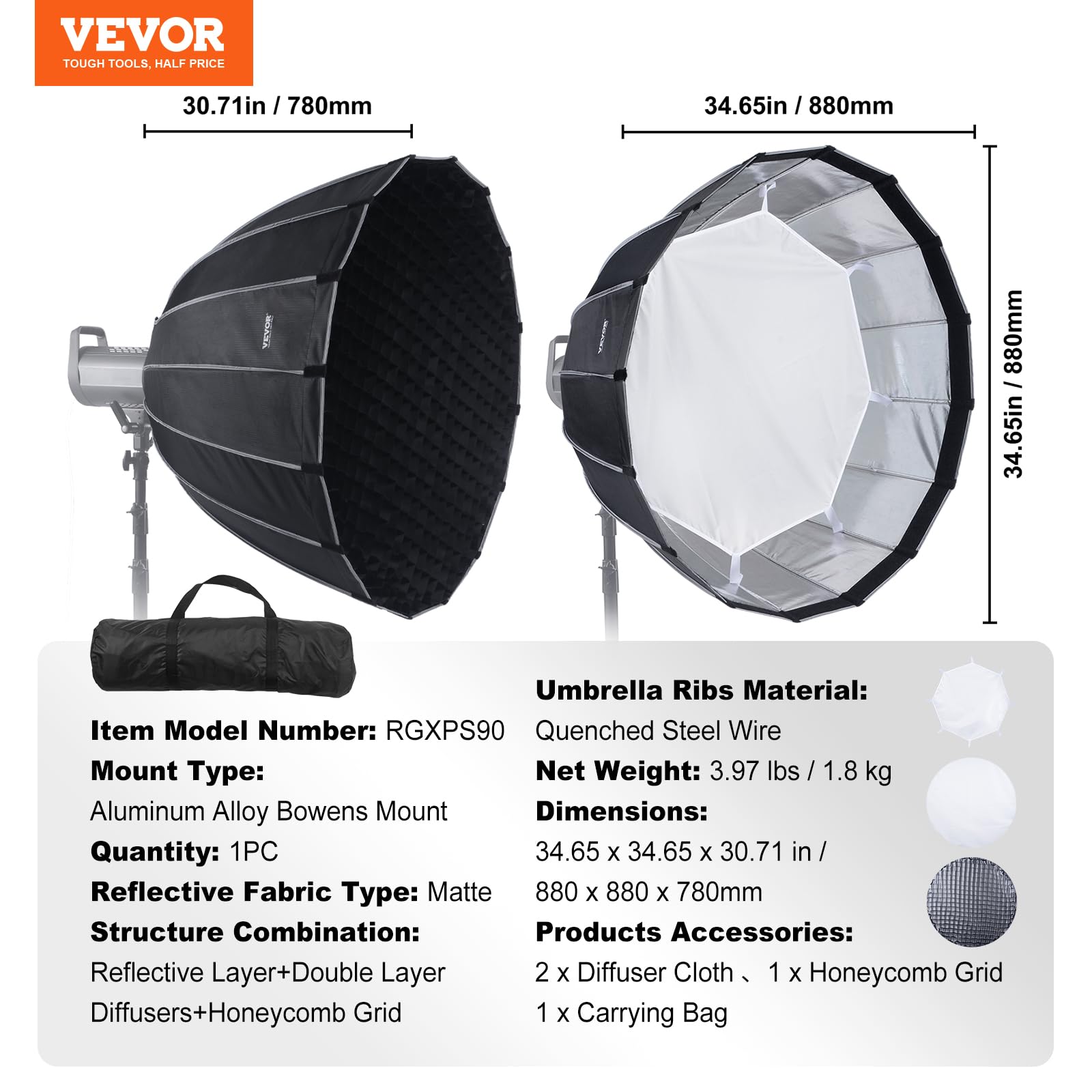 VEVOR Softbox Parabólico de 880 x 880 x 780 mm, Liberación Rápida y Plegado Ligero y Portátil, Montura Bowens Universal, 4 Efectos de Iluminación Apto para Fotografía Profesional, Filmación Diaria