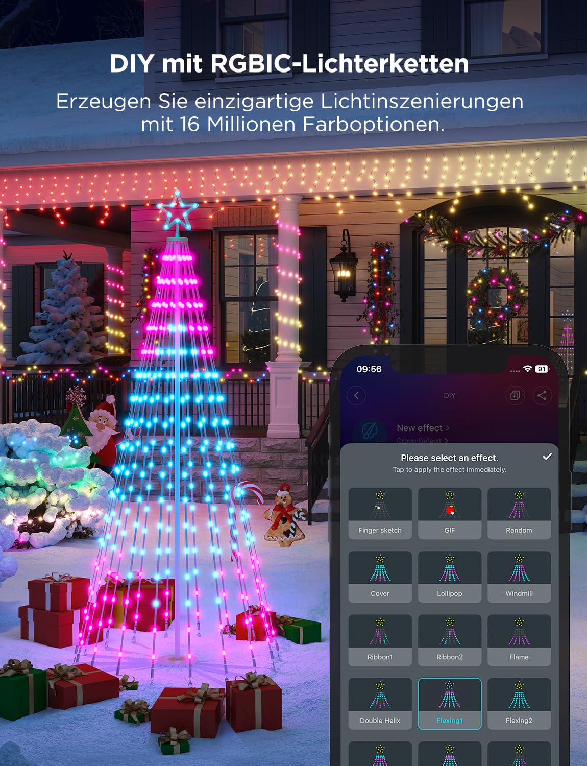 Govee Christmas Cone Tree Lights, 1,82m 316 LEDs RGBIC-Lichterkette mit Intelligenter App-Steuerung, 82+ Szenenmodi, IP67-Wasserdichte Weihnachtsbaum Kegelform für Halloween und Weihnachten, Schwarz | Intelligente App-Steuerung, 82+ Szenenmodi, IP67-Wasse