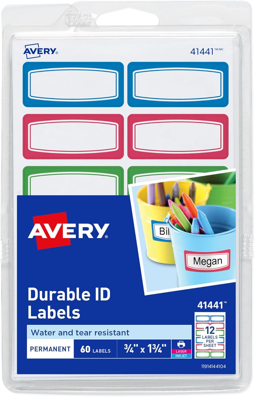 Avery Durable Labels for Kids' Gear, 3/4" x 1-3/4", Assorted Border Colors, Water-Resistant Labels, 4 Packs, 240 Stickers Total (21943)
