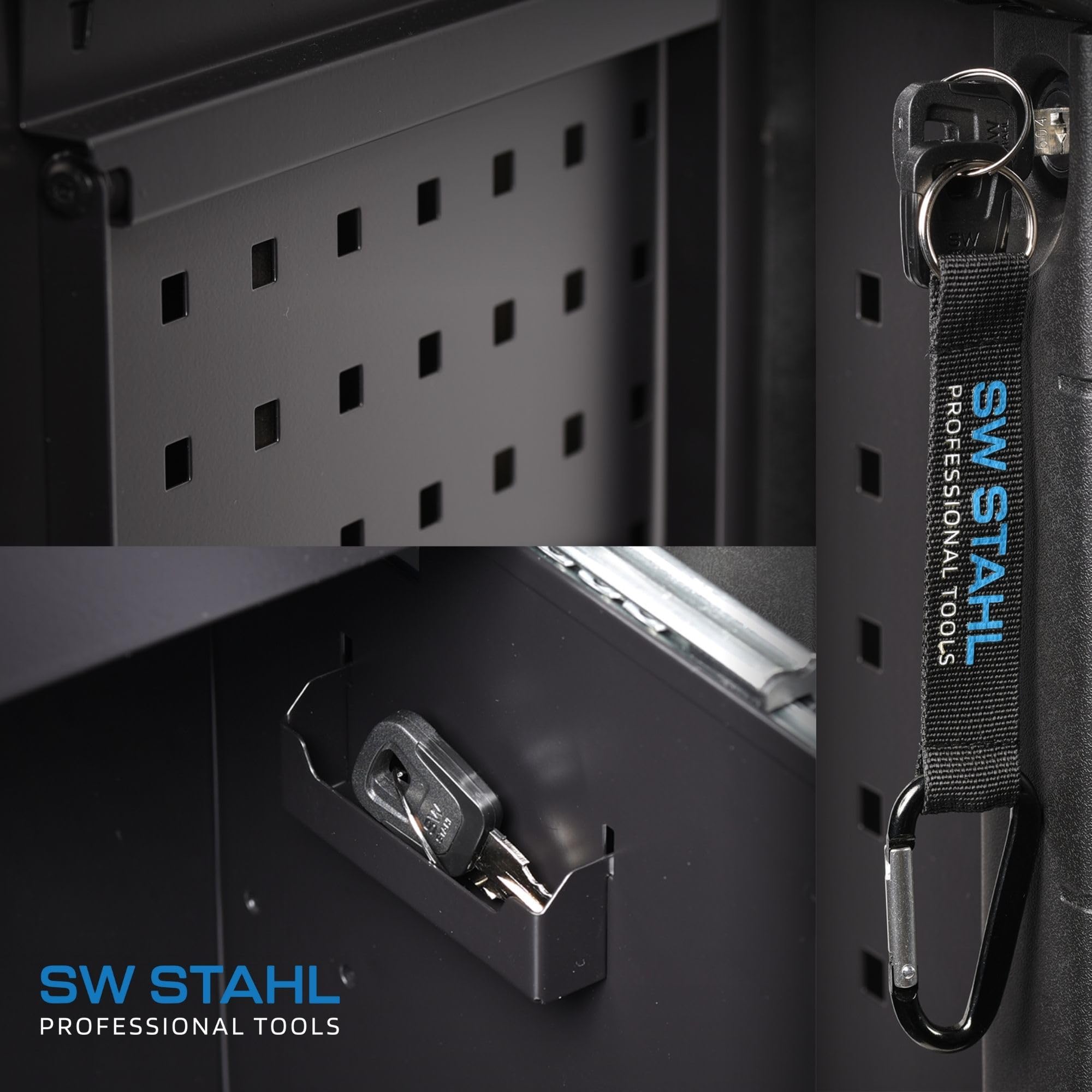 SW-Stahl Z3212 Profesjonalny Wózek Warsztatowy TT802 z Narzędziami, 338 el. | Wózek z wyposażeniem, 8 szuflad, stal nierdzewna, system Twin-Lock, kółka TPE, perforowane ścianki i uchwyty na akcesoria.