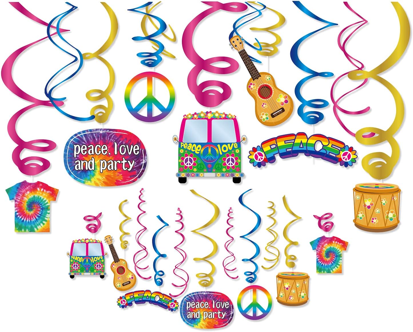 KRISTIN PARADISE30Ct Hippie Hanging Swirl Decorations, 60's 70's Groovy Party Supplies, Tie Dye Birthday Theme Decor for Boy Girl Baby Shower, Peace Sign 1st Bday Favors Idea