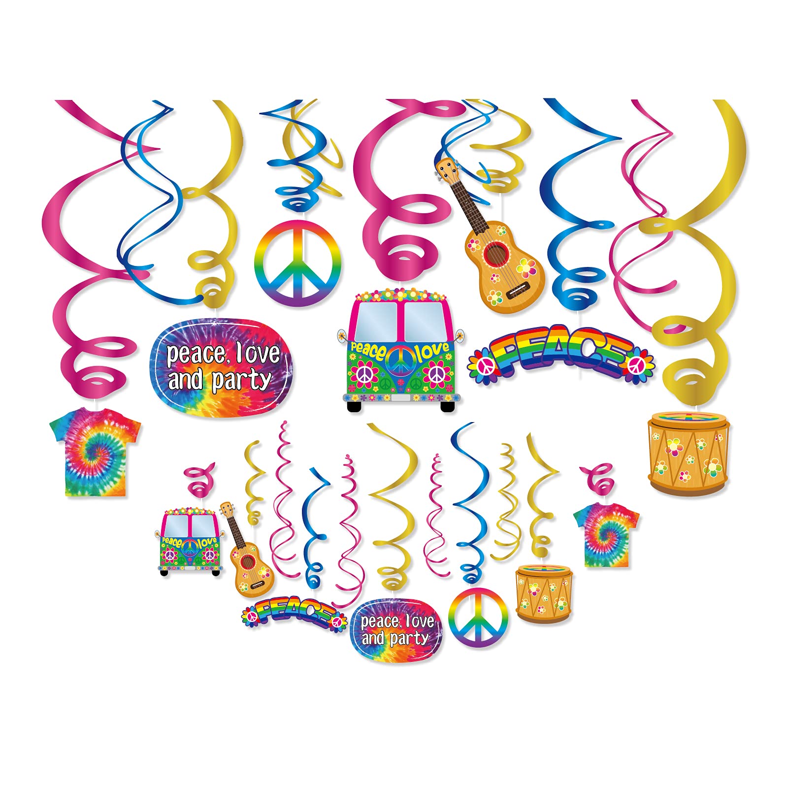 KRISTIN PARADISE30Ct Hippie Hanging Swirl Decorations, 60's 70's Groovy Party Supplies, Tie Dye Birthday Theme Decor for Boy Girl Baby Shower, Peace Sign 1st Bday Favors Idea