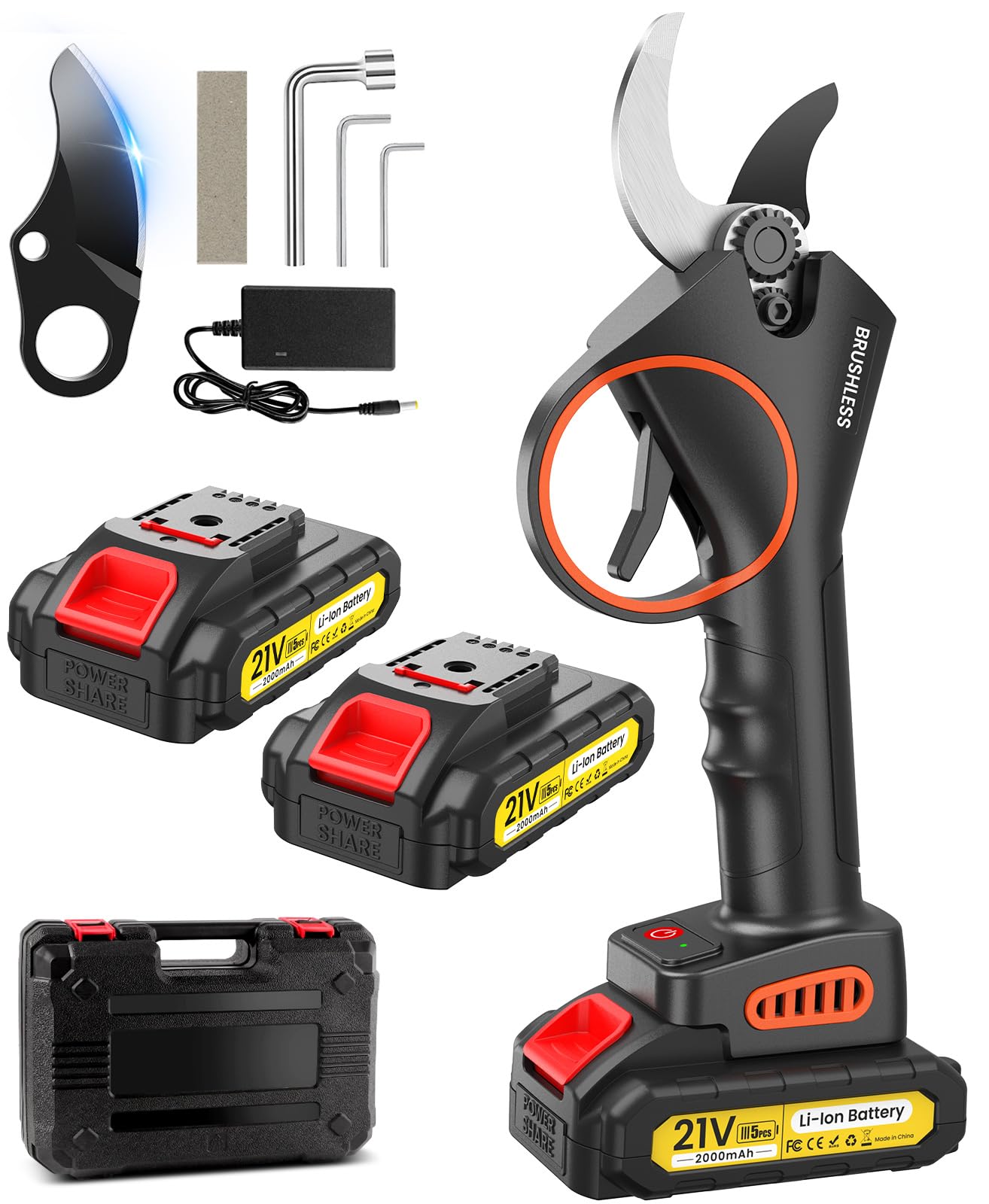 Forbici da potatura Elettriche, 33 mm, Motore Brushless da 800 W, 21V 2 * 2000 mAh, 2 SK7 Lame, 500.000 tagli Effettivi, Cesoie Elettriche per giardinaggio, alberi da frutto, vigneti