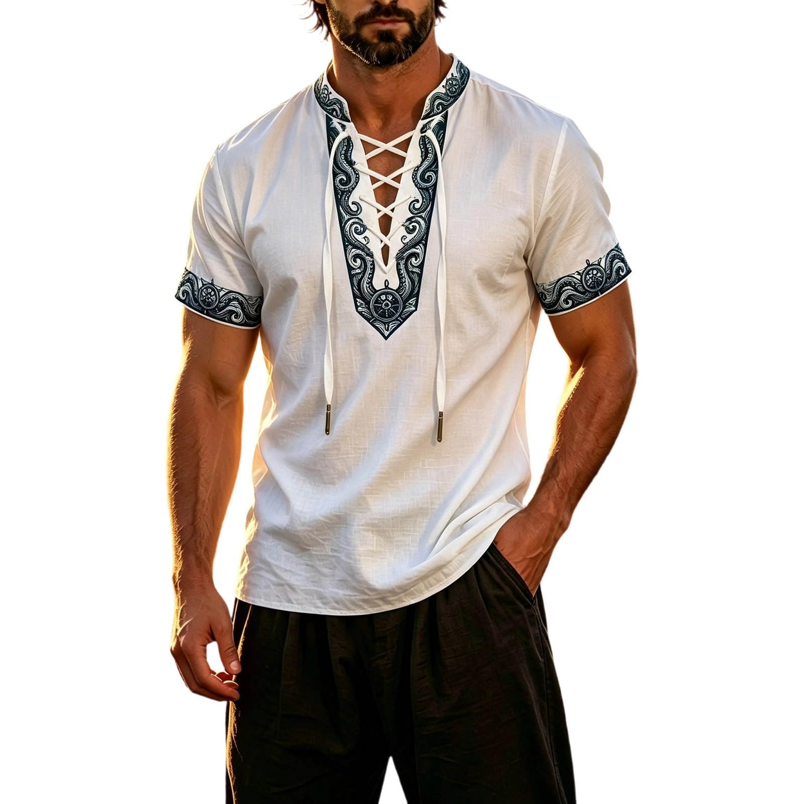 Summer Shirts for Men Short Sleeve Medieval Pirate Scottish Ghillie Shirt โ image 1