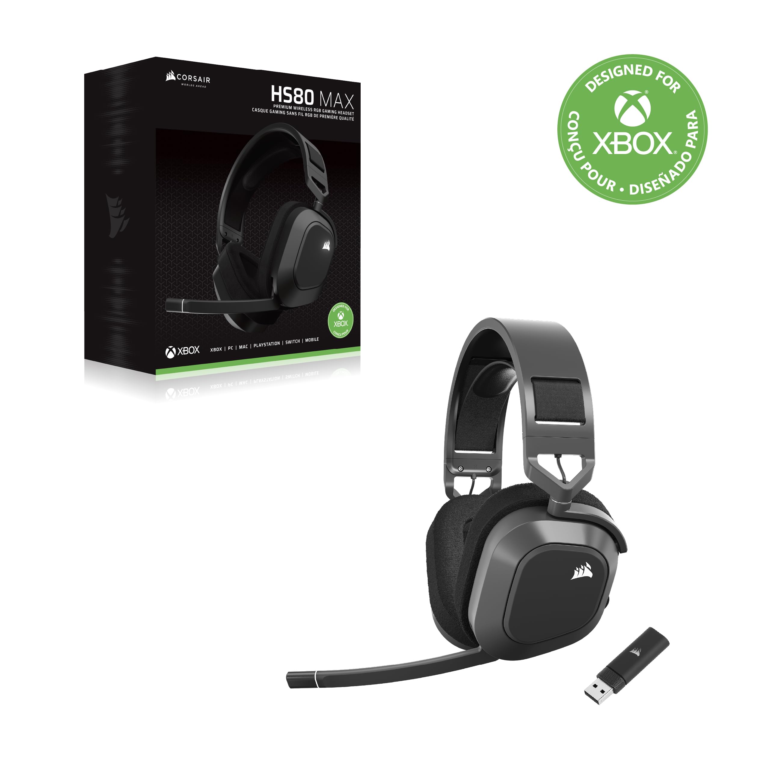 Corsair HS80 MAX Wireless Auriculares para Juegos Xbox Gaming Headset con Bluetooth – Dolby Atmos – Micrófono de Calidad Broadcast – Compatible con iCUE – Xbox, PC, Mac, Mobile – Gris Acero | Dolby Atmos, micrófono omnidireccional, compatible con iCUE, Xb