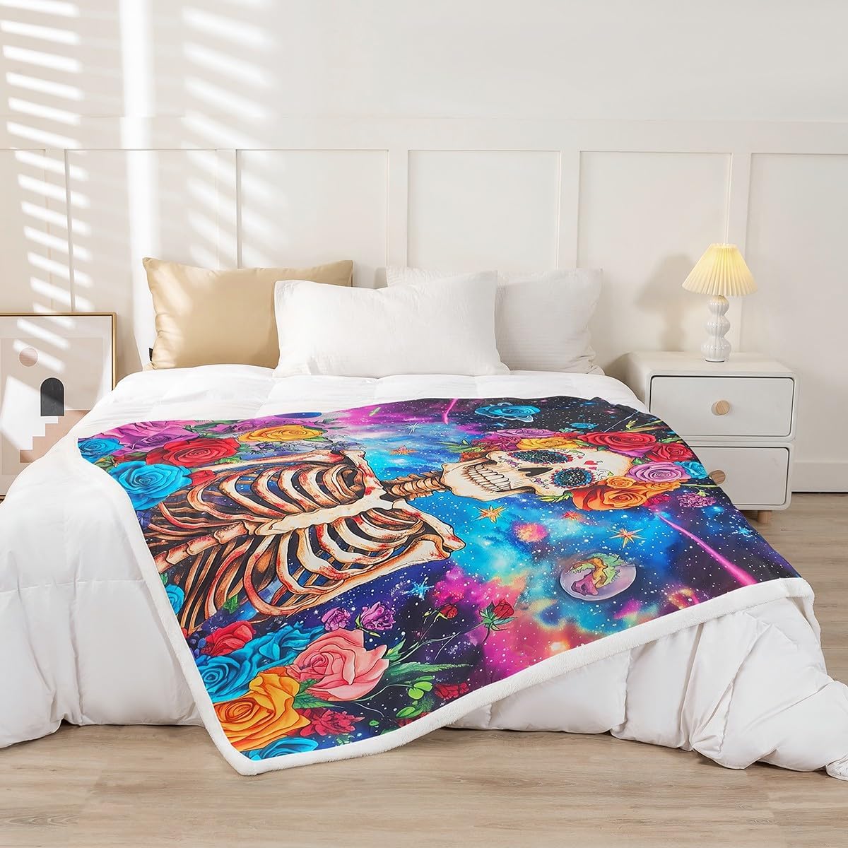 Castle Fairy Trippy Skeleton Blanket Queen 90x90 Starry Galaxy Universe Blanket for Kids Teens Boys Girls Bohemia Exotic Style Sherpa Blanket Colorful Rose Flower Bed Blanket Sofa Bed Couch Decor