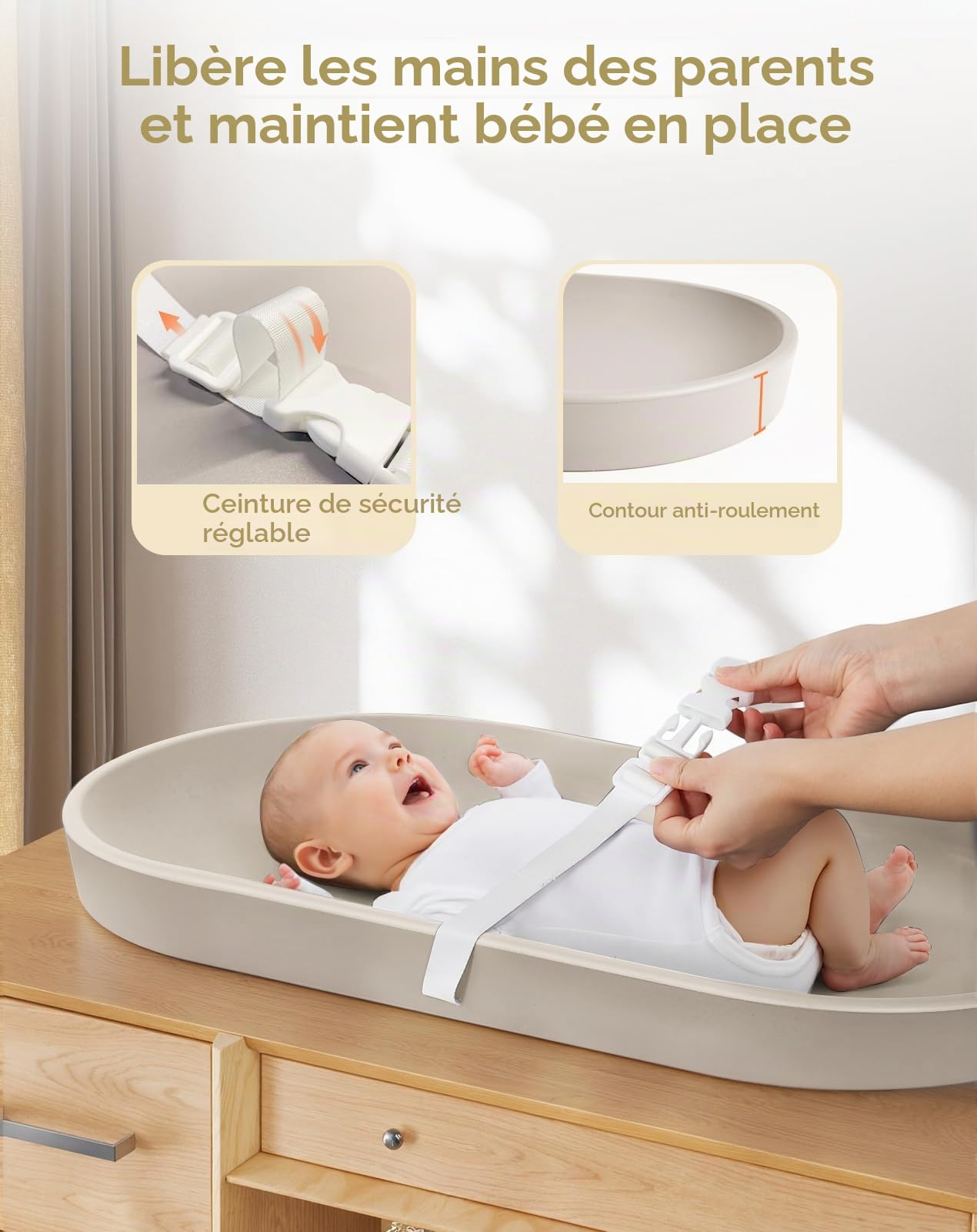 COMOMY Matelas à langer imperméable, anti-roulement, avec sangle de sécurité, facile à nettoyer, 72,5 x 36 cm, pour commode et table, couleur avoine