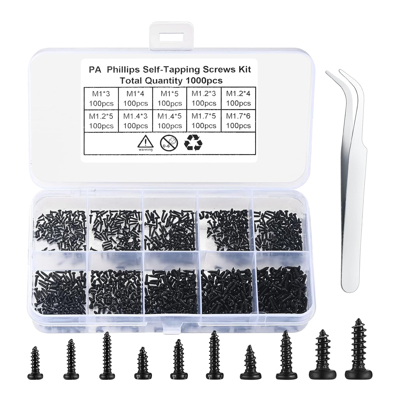 1000pcs Mixed Size Tapping Screws Assorted Screw Set Repair Screw Assortment 1-1.7mm Small Screws Set For Repairs
