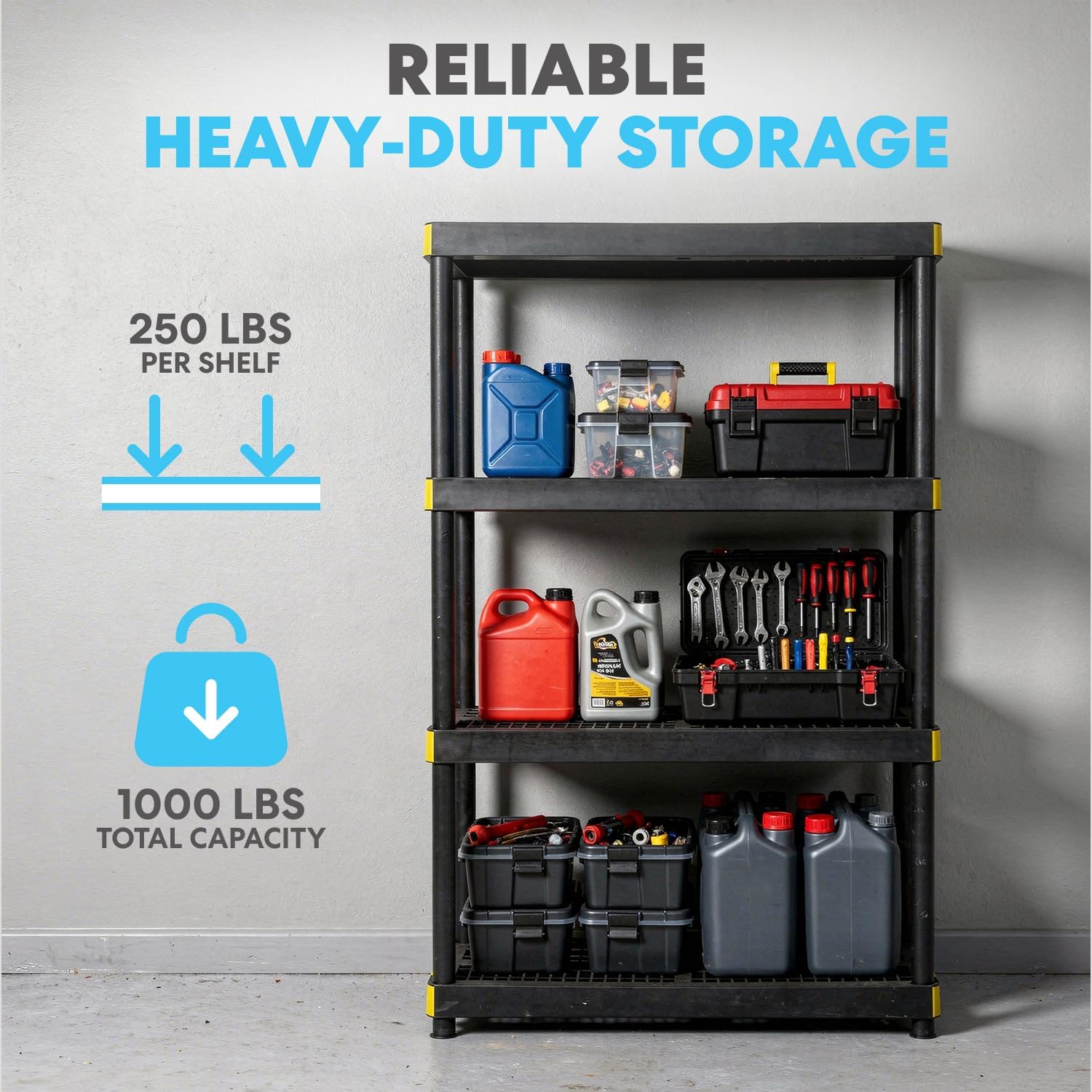 Simpli-Magic 4-Tier Heavy Duty Plastic Storage Shelving Unit, Garage & Basement Organizer, Modular Rack, 36 x 24 x 57 Inches, 250 lbs per Shelf, 1000 lbs Total Capacity