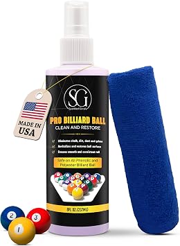 Billiard Ball Cleaner and Restorer with Cleaning Cloth - Pool Ball Cleaner for Consistent Roll, Billiard Ball Cleaner Spray for Professional Care - Removes Chalk Residue, Dust, Dirt, and Grime - 8 Oz