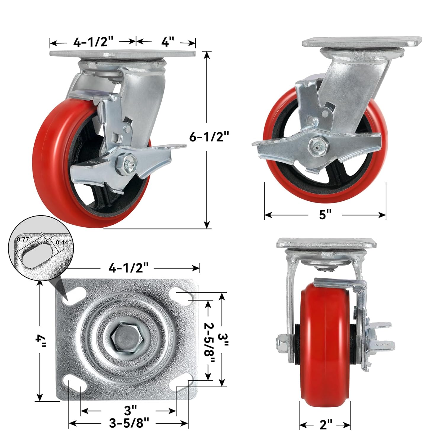 5 Inch Casters -1000 lbs Capacity Per Caster, Polyurethane tread(Crowned) on Cast lron-Roller Bearing, Top Plate 4" x 4.5", Widely Used in Platform Trucks, Furniture （1 Pack Brake）
