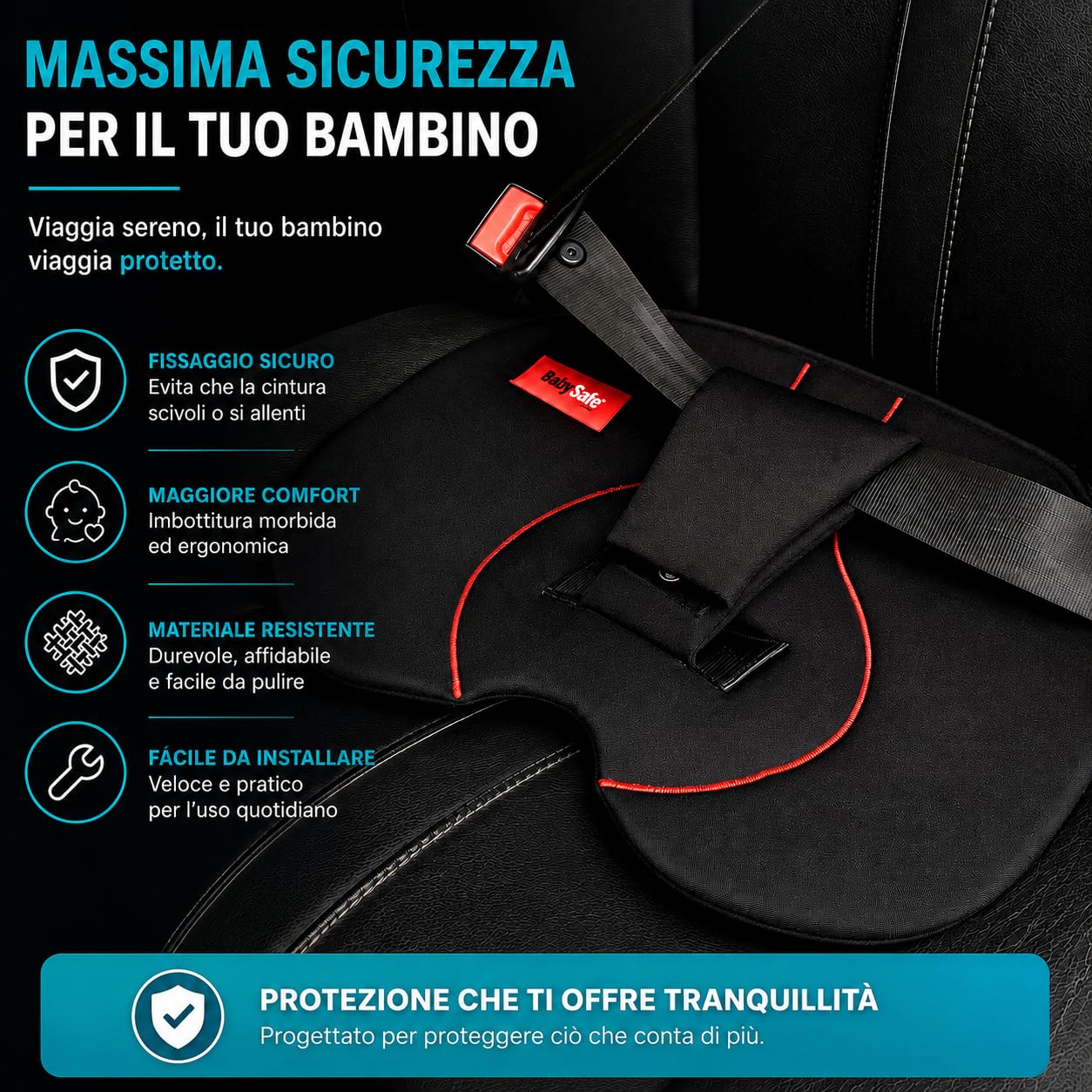 Baby Safe Cuscino Gravidanza per Auto – Cuscino Sedile per Donna Incinta con Guida per Cintura di Sicurezza – Posizione Più Comoda della Cintura – Regolabile – Lavabile – Nero