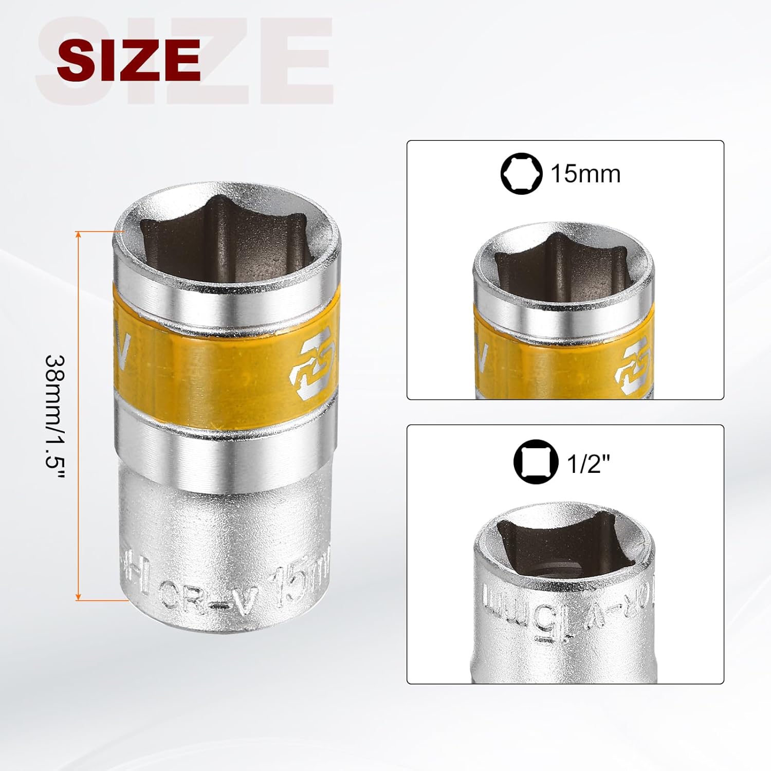 HARFINGTON 2pcs 1/2" Drive 6 Points Socket 15mm Metric Shallow Impact Socket CR-V Steel Flip Socket Spindle Axle Nut Impact Socket for Home Auto Hex Nuts Bolts Repair, Silver Yellow