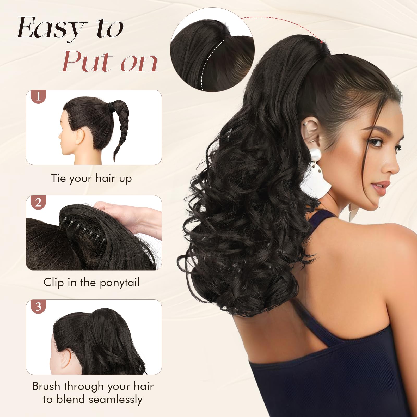 Sofeiyan Coleta Postiza Rizada 43cm con Pinza de Garra, Extensión de Pelo Sintético de Aspecto Natural Cola de Caballo Falsa para Mujer, Rubio Miel Mezclado con Castaño Claro
