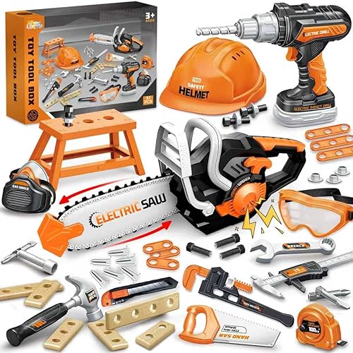 SpringFlower Juego de herramientas para niños de 51 piezas con motosierra de juguete y taladro electrónico, juego de herramientas para niños de 3,