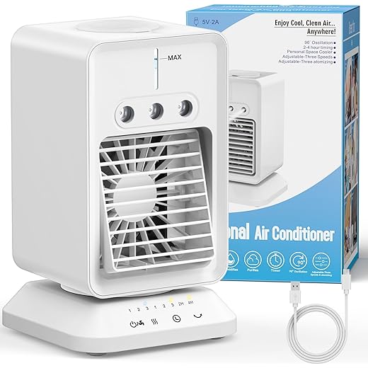 HIFRESH Mini Cooler for Room w/Auto Rotate, 3 Spray Modes, Cold Air, Mini Fan w/Top Ice Chamber, 1/2/3/4H Timer, USB Compatible Air Cooler for Room Cooling, 3 Speeds Small AC, Low Power Consumption