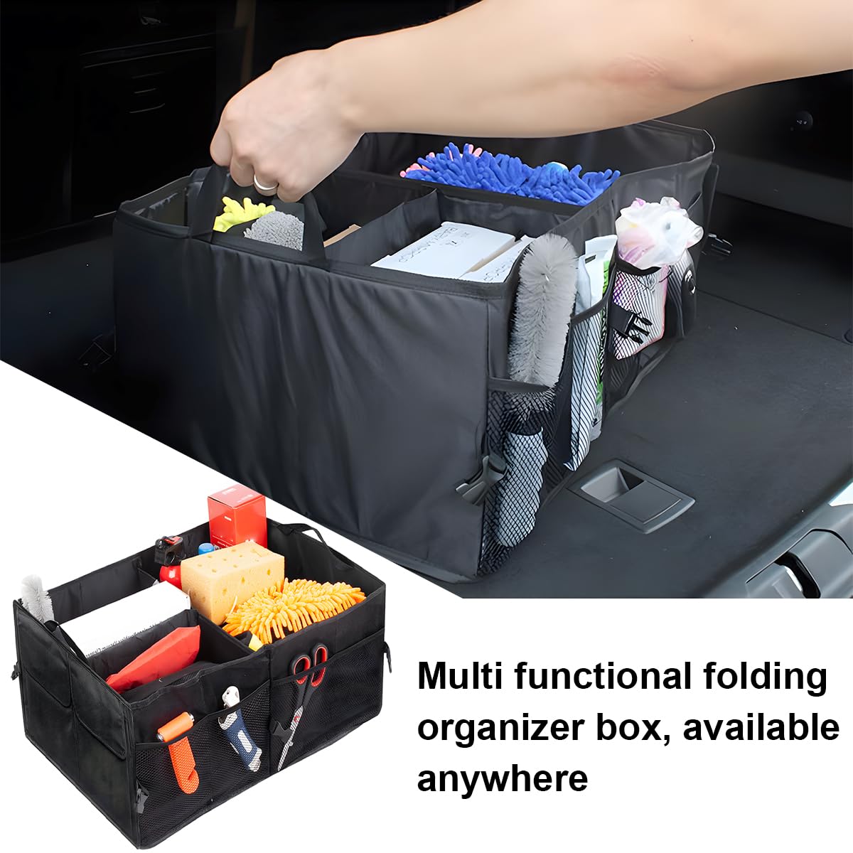 Mandark Car Trunk Organizer, Collapsible Multi Compartment Vehicle Storage Box, Waterproof Adjustable Automotive Organization Container Accessories, Universal for SUV, Sedan, Truck (Black)