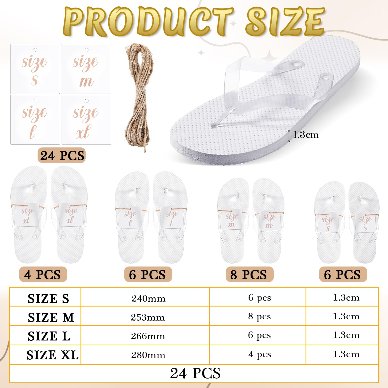 Hestya 24 Pares Chanclas para Invitados Sandalias de Boda Pantuflas Blancas para Recepción Playa Piscina Fiesta, 4 Tamaños