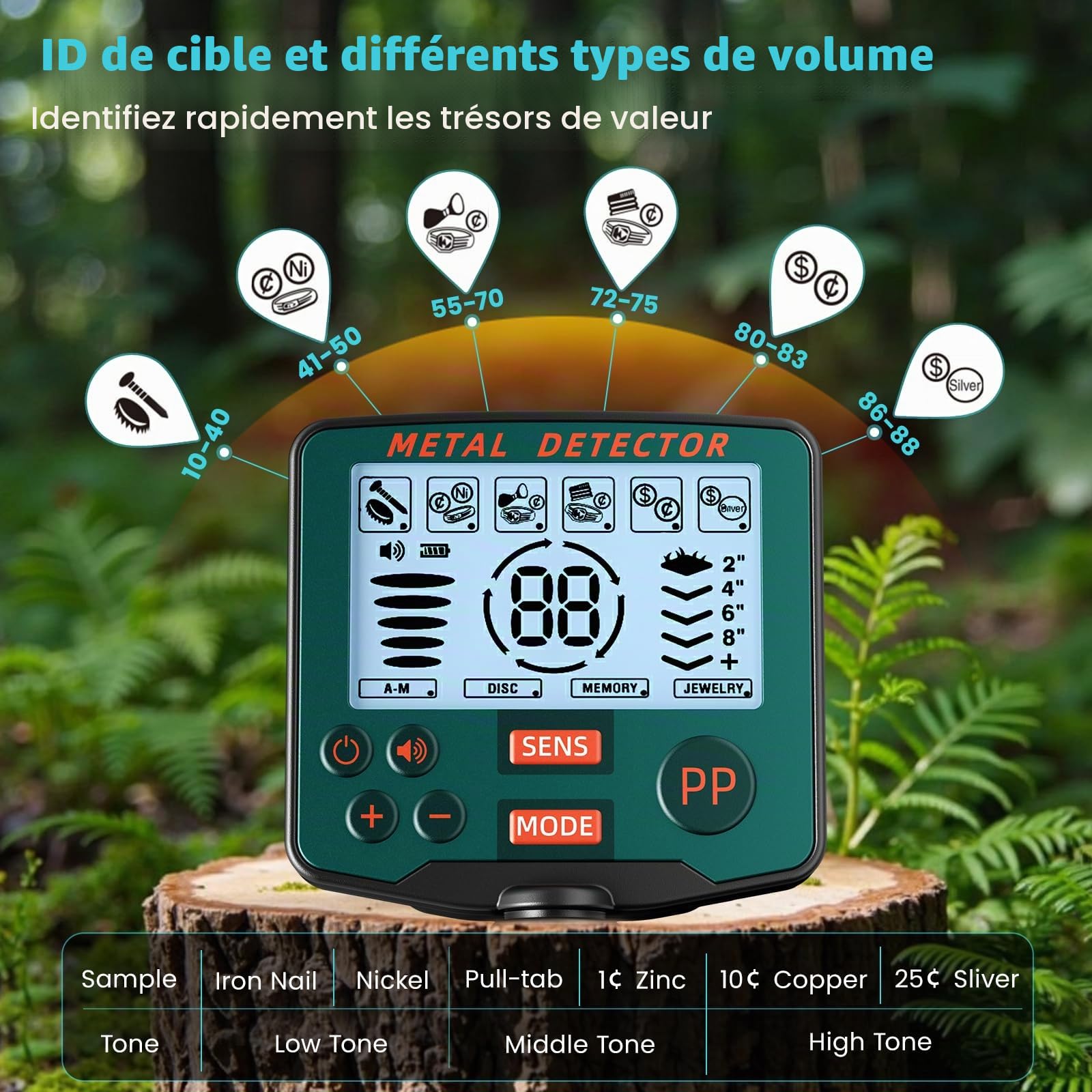 Détecteur de Métaux Professionnel, 5 Modes Léger pour Adultes et Enfants avec Fonction Pinpoint, Mémoire, Bobine Étanche, Haute Précision, Kit Complet avec Pelle