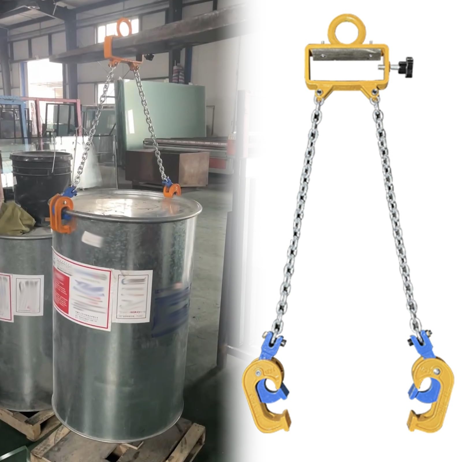Sollevatore a tamburo aperto per traino e movimentazione sicure di barili in metallo/plastica con catena di sollevamento in acciaio e gancio allargato