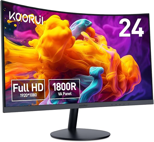 KOORUI 24" Curved 60Hz Computer Monitor LED Monitor Full HD 1080P HDMI VGA, 1800R, Tilt Adjustment, Eye Care, Black 24N5C