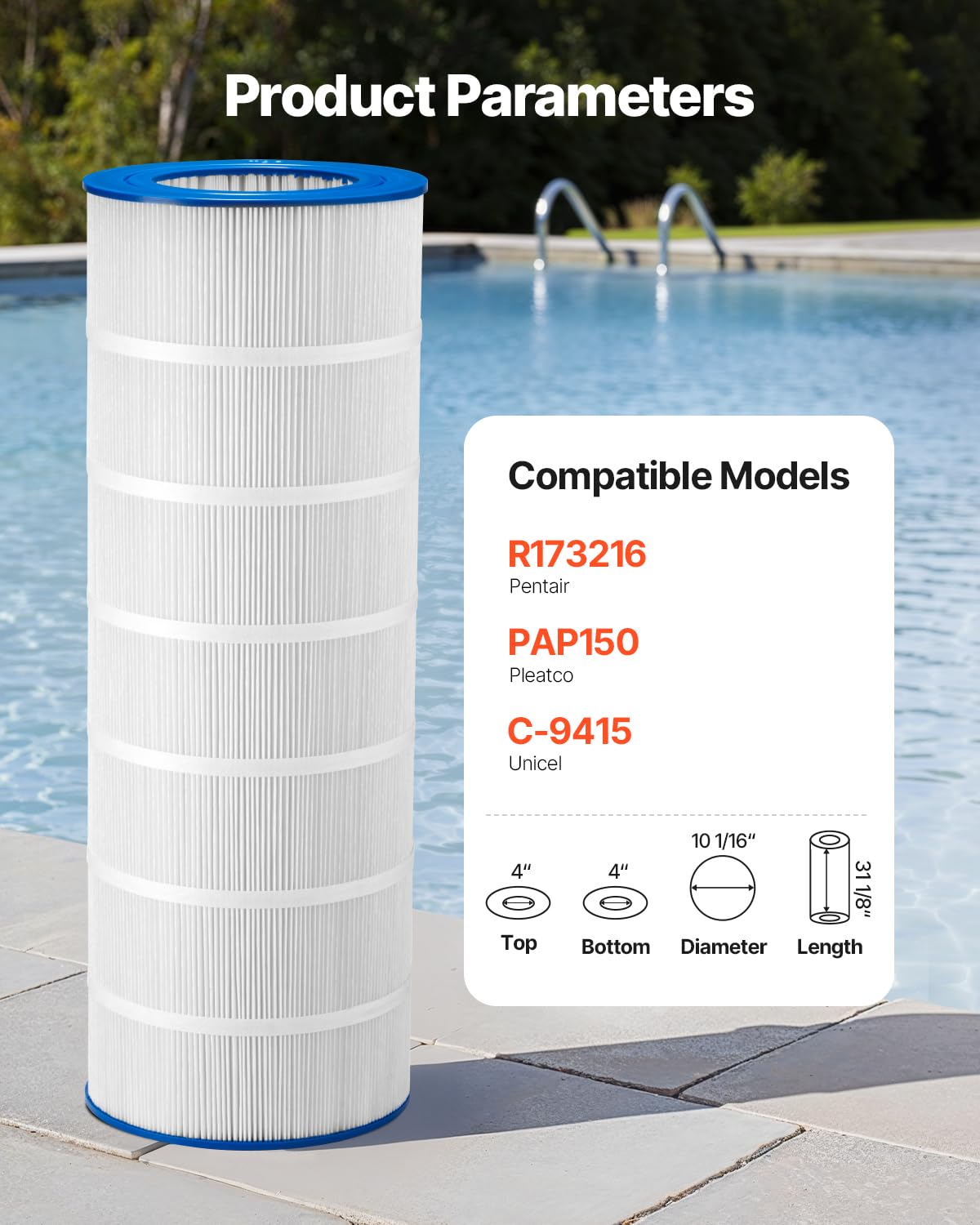 VEVOR Pool Filter Cartridge, 150 Sq. Ft Spa Hot Tub Filter Cartridge Replacement, Compatible with Pentair R173216, Pleatco PAP150, Secure for Kids & Pet, Trilobal Pleated, Easy to Clean