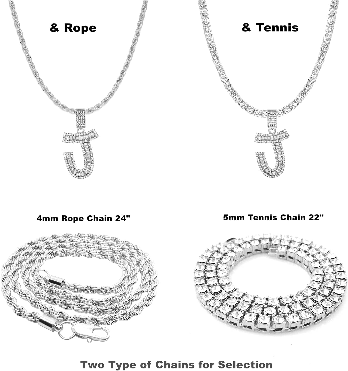 HH Bling Silver Gold Iced Out Baguette Initial Letter Necklaces for Men Women, Big Cz Diamond Capital Letter Pendant A-Z with Rope Tennis Chains - Image 2