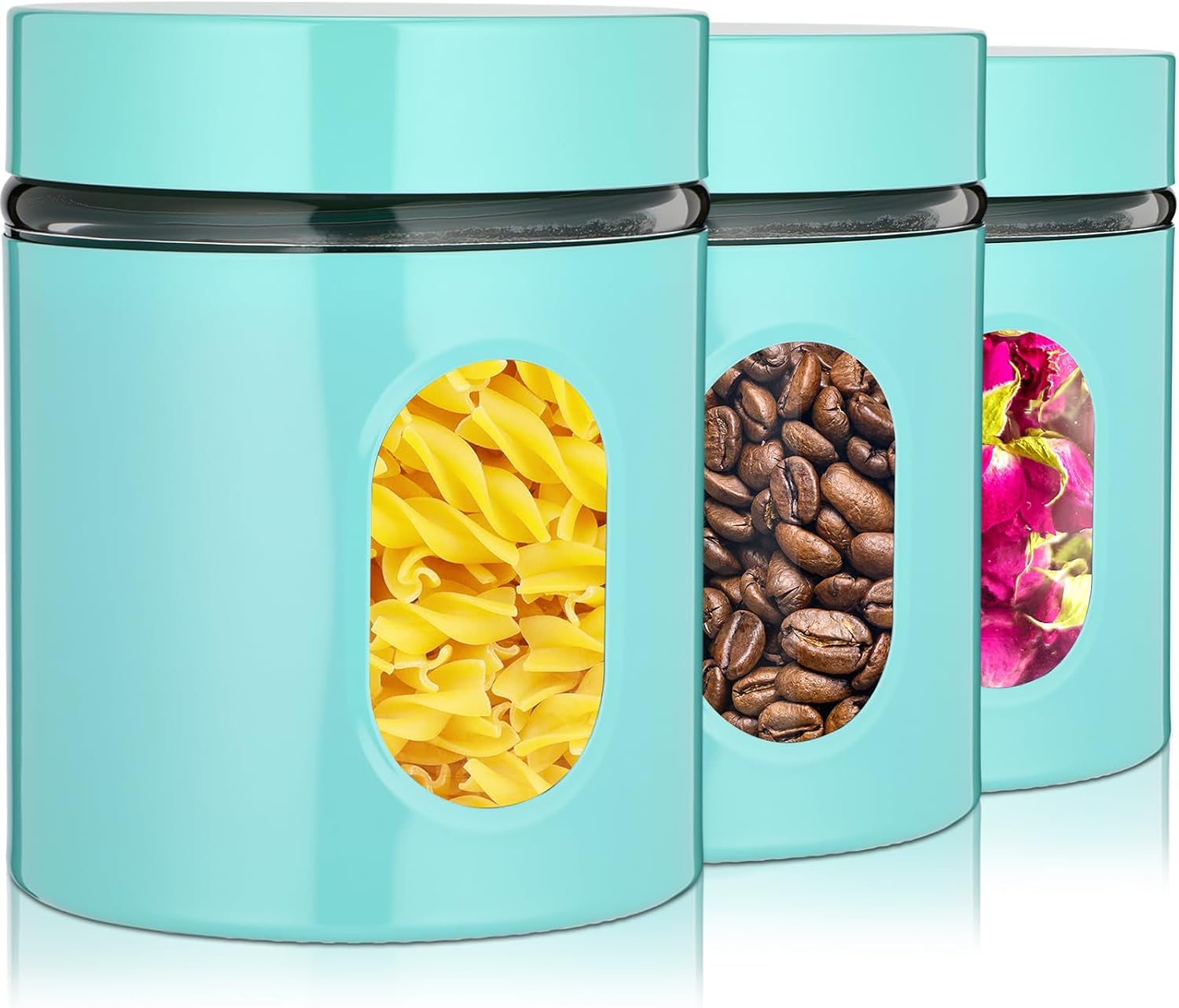 Mimorou 3 Pcs Stainless Steel Canister Set with Glass Windows Visible Storage Jars Silver Kitchen Canister Set for Pasta Flour Oat Sugar Container, Kitchen Tools, Housewarming Gifts(Turquoise,60 oz)