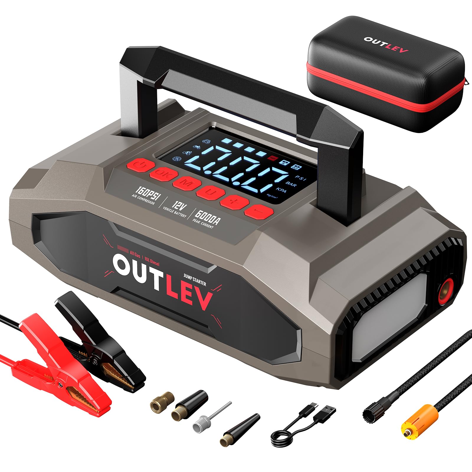 OUTLEV 6000A UltraSafe Jump Starter with 160PSI Air Compressor, 12V Car Battery Booster, Portable Jump Box, Power Bank & Jumper Cables, LED Display,