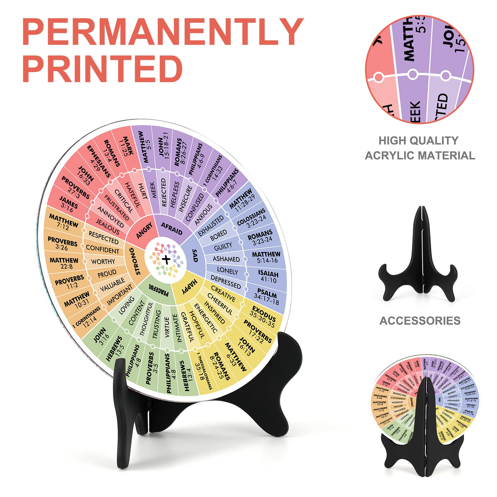 Feelings Wheel With Stand, Double-Sided Emotion Wheel Chart Wooden Mood Wheel Mental Health Therapist Gift For Women Men Home Office Decor