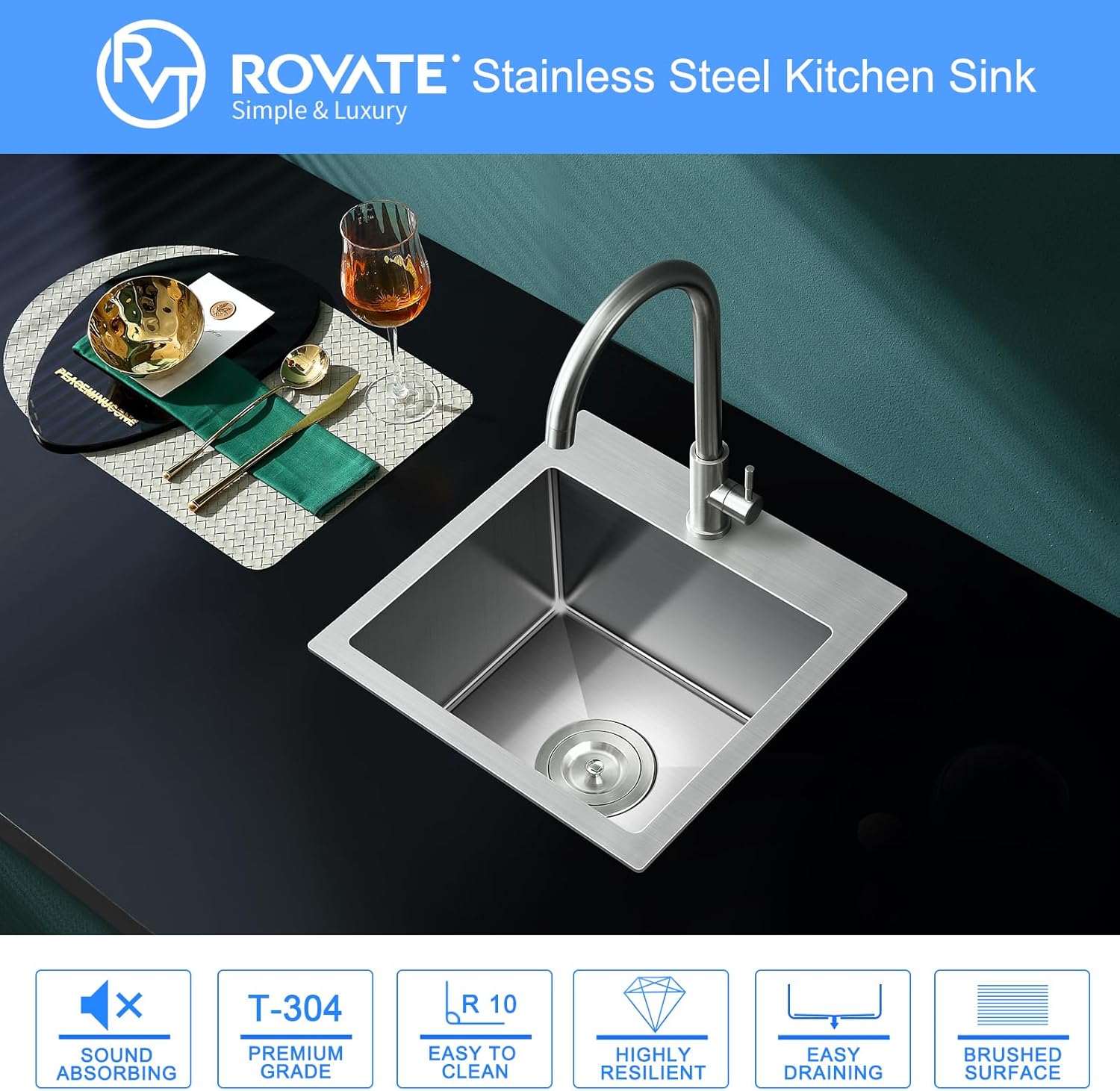 ROVATE 13 x 15 x 8 inch Drop in Bar Sink, Small Kitchen Sink Topmount Single Bowl, 304 Stainless Steel Bar Sinks Overmount Handmade with Basket Strainer