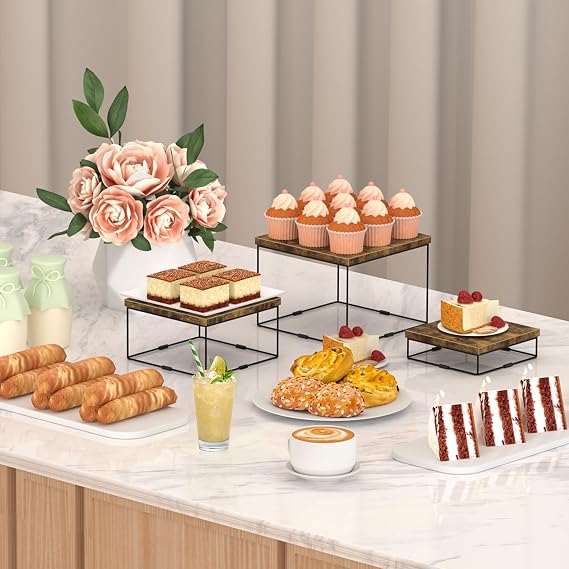 ELITEROO Buffet Risers and Stands, 3 Tier Wood Display Risers, Cake & Cupcake Stands, Dessert Table Display Set, 3Pcs Cube Display Base for Wedding Birthday Party Decor, Rustic Brown, 6x7x8