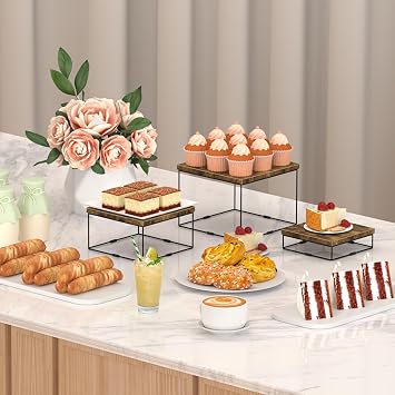 ELITEROO Buffet Risers and Stands, 3 Tier Wood Display Risers, Cake & Cupcake Stands, Dessert Table Display Set, 3Pcs Cube Display Base for Wedding Birthday Party Decor, Rustic Brown, 6x7x8
