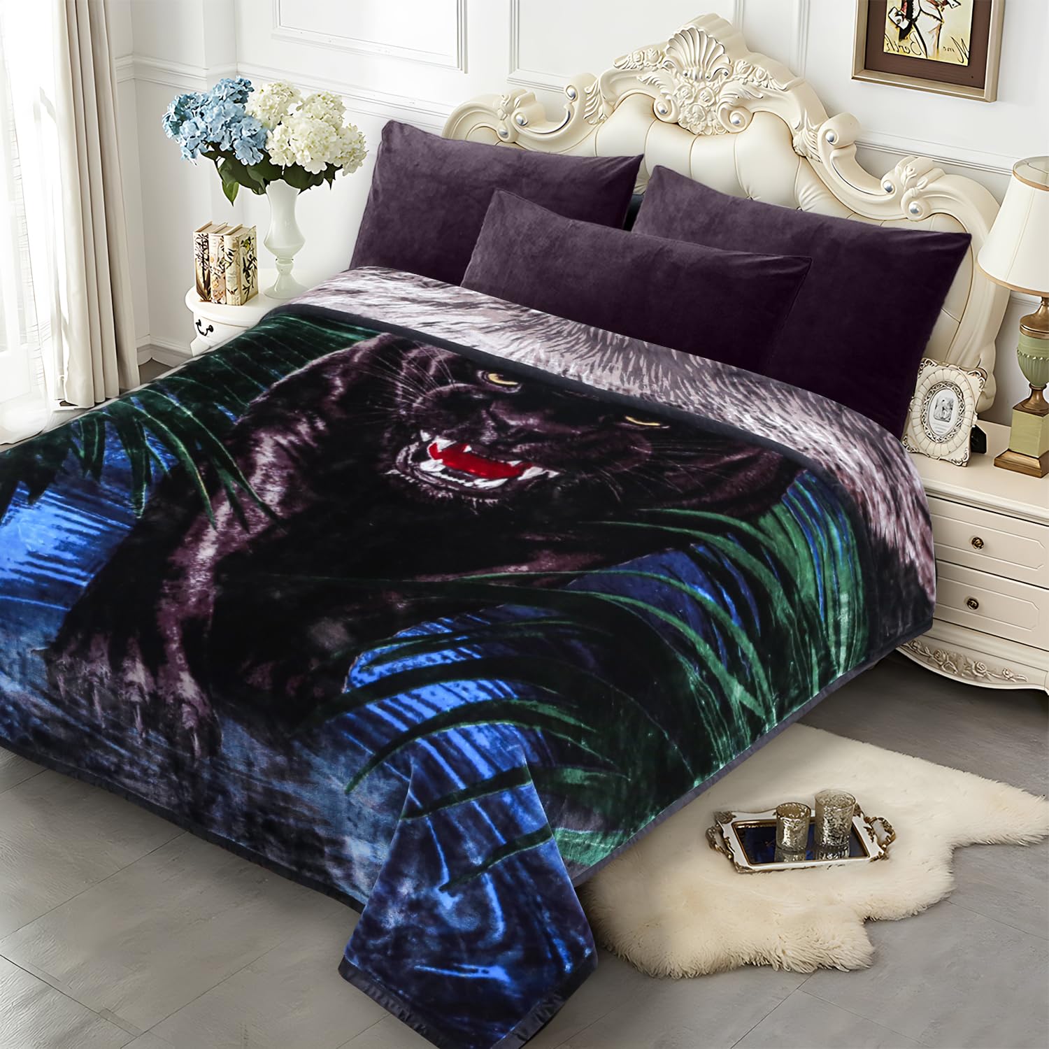 JYK Animal Print Queen Blanket, 75'' x 87'', Black Panther/Lion, Polyester, Single Layered, 5 LB