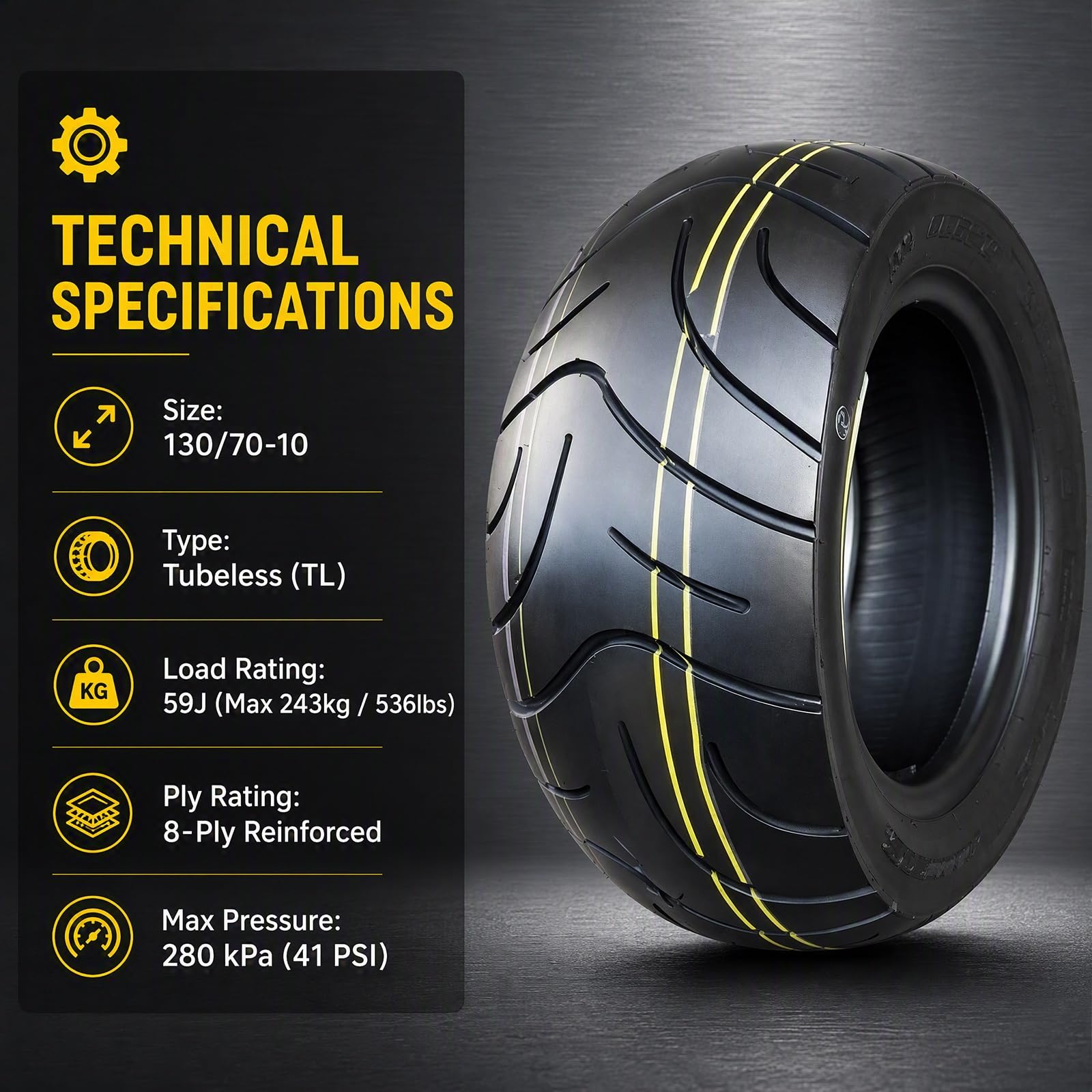 130/70-10 Reifen Tubeless, 130/70/10 59J 8 P.R. 280KPA für Motorräder