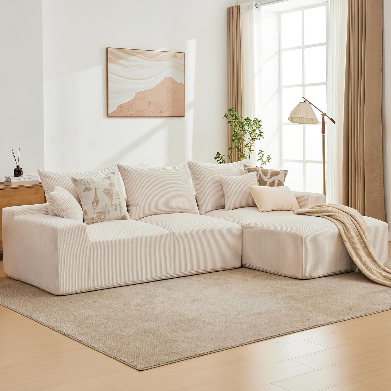 GarveeHome 110 in Oversized L-Shaped Sofa, Cloud Sectional Couch with Left Chaise & Throw Pillows, Soft Corduroy Boneless Memory Foam Sofa for Living Rooms, Apartments, Dorms, Beige