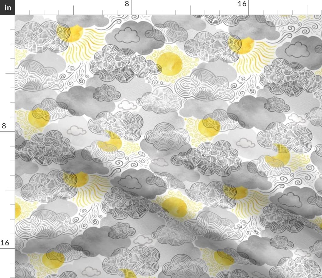 Spoonflower Fabric - Sun Shines Clouds Yellow Gray Grey Watercolor Sunshine Printed on Cotton Poplin Fabric by The Yard - Sewing Shirting Quilting Dresses Apparel Crafts