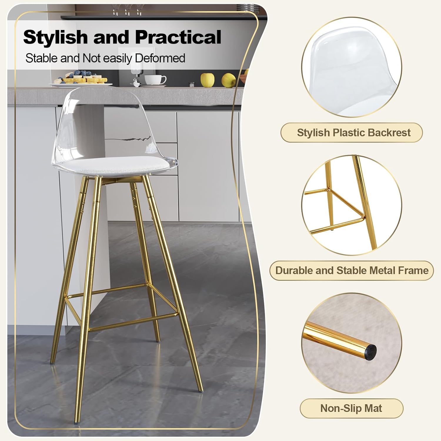 Small Clear Bar Stools Set of 2 Up to 180 Lbs, Modern Tall Bar Stool with 4 Sturdy Metal Legs, Acrylic Bar Stool with Clear Back, Small Size Pu Cushion, for Bar, Kitchen - Gold