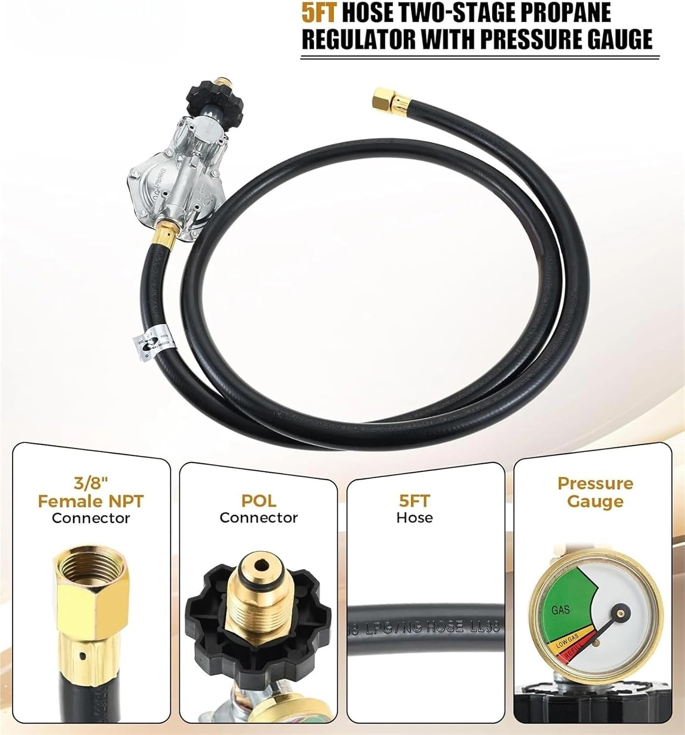 Two-Stage Propane Regulator with External Pressure Gauge & 5FT Hose | POL to 3/8" Female NPT Fit for 5–40LB Tanks for RV Grill
