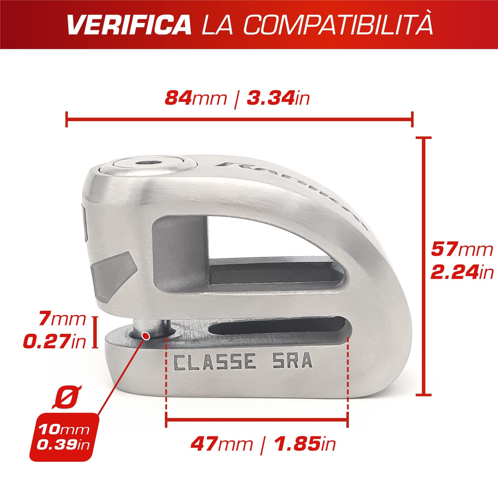 RADIKAL RK310S Blocca Disco per Moto, Sicurezza Premium, Antifurto Moto Omologato SRA, Doppio Bloccaggio Ø10, Acciaio Inossidabile, Esclusivo Design Doppio Ponte, Lucchetto Bloccadisco Scooter