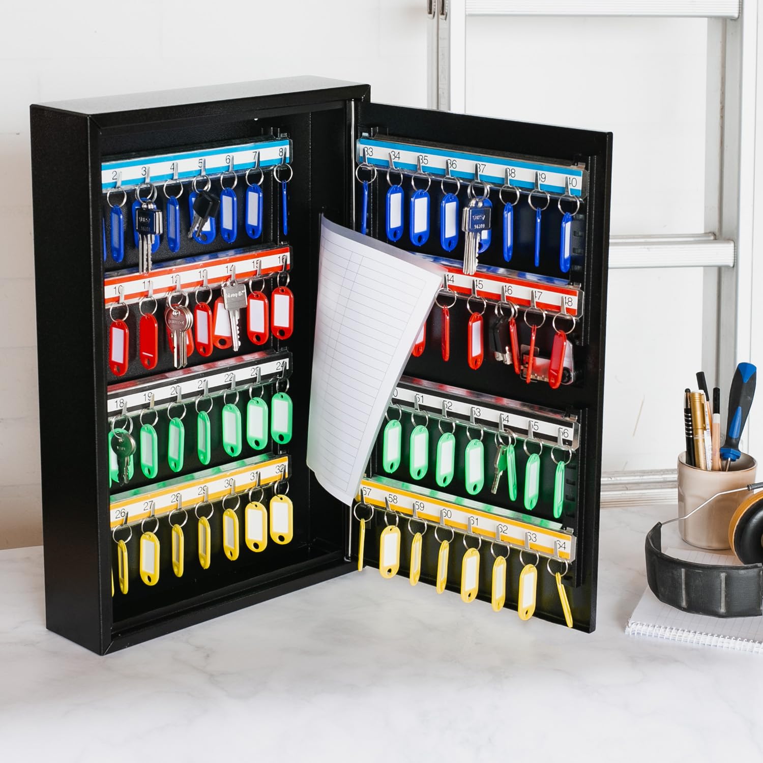 HMF 13664-02 Armoire à clés avec Code chiffré, Grande boîte à clés | 64 Crochets | 45 x 30 x 8 cm | Noir