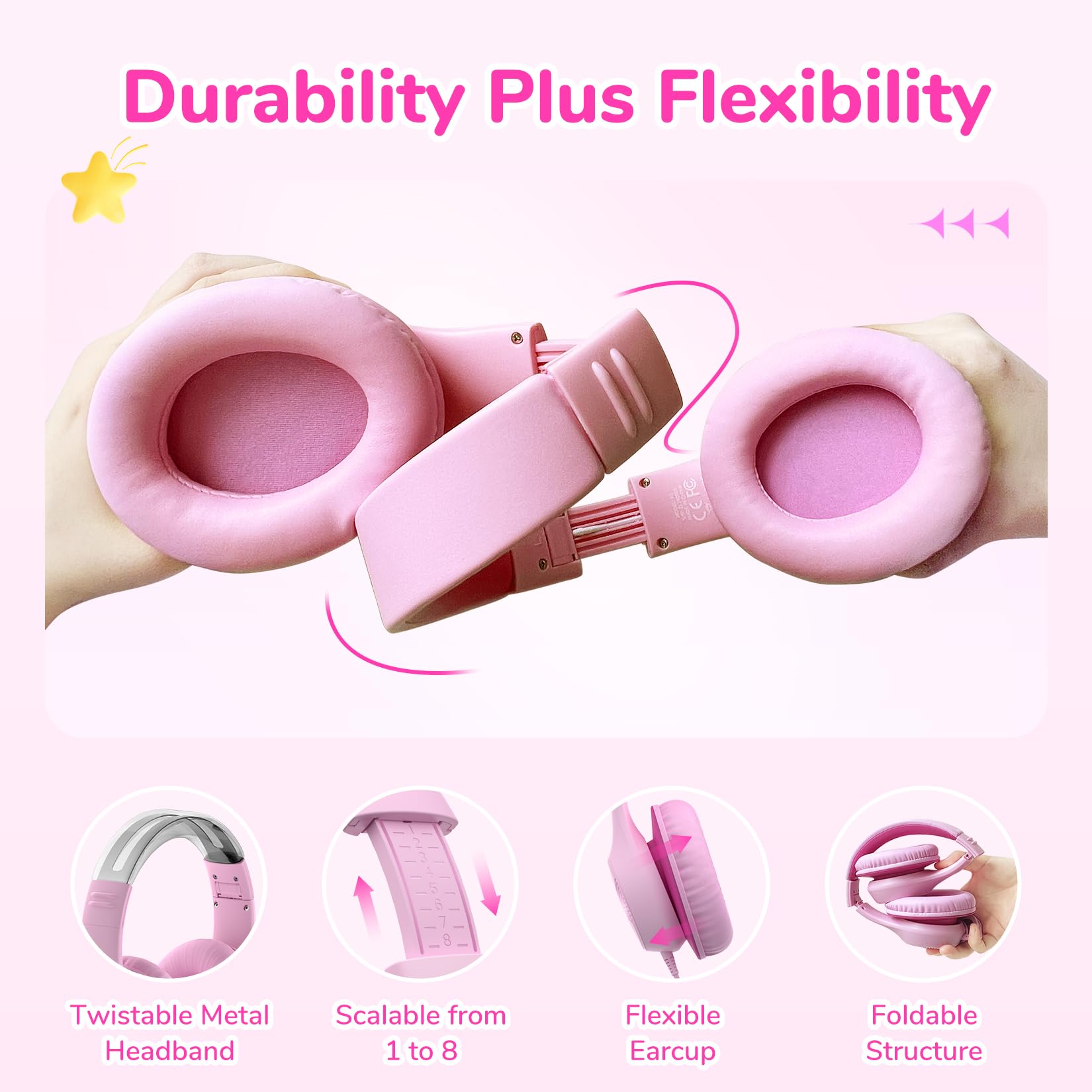EarFun Auriculares para Niños con Micrófono, Cascos Infantiles con Cable Jack 3,5 mm, Volumen Limitado 85/94 dB, Sonido Estéreo HD, Diadema Plegable para Pad, Tabletas, La Escuela, Rosa