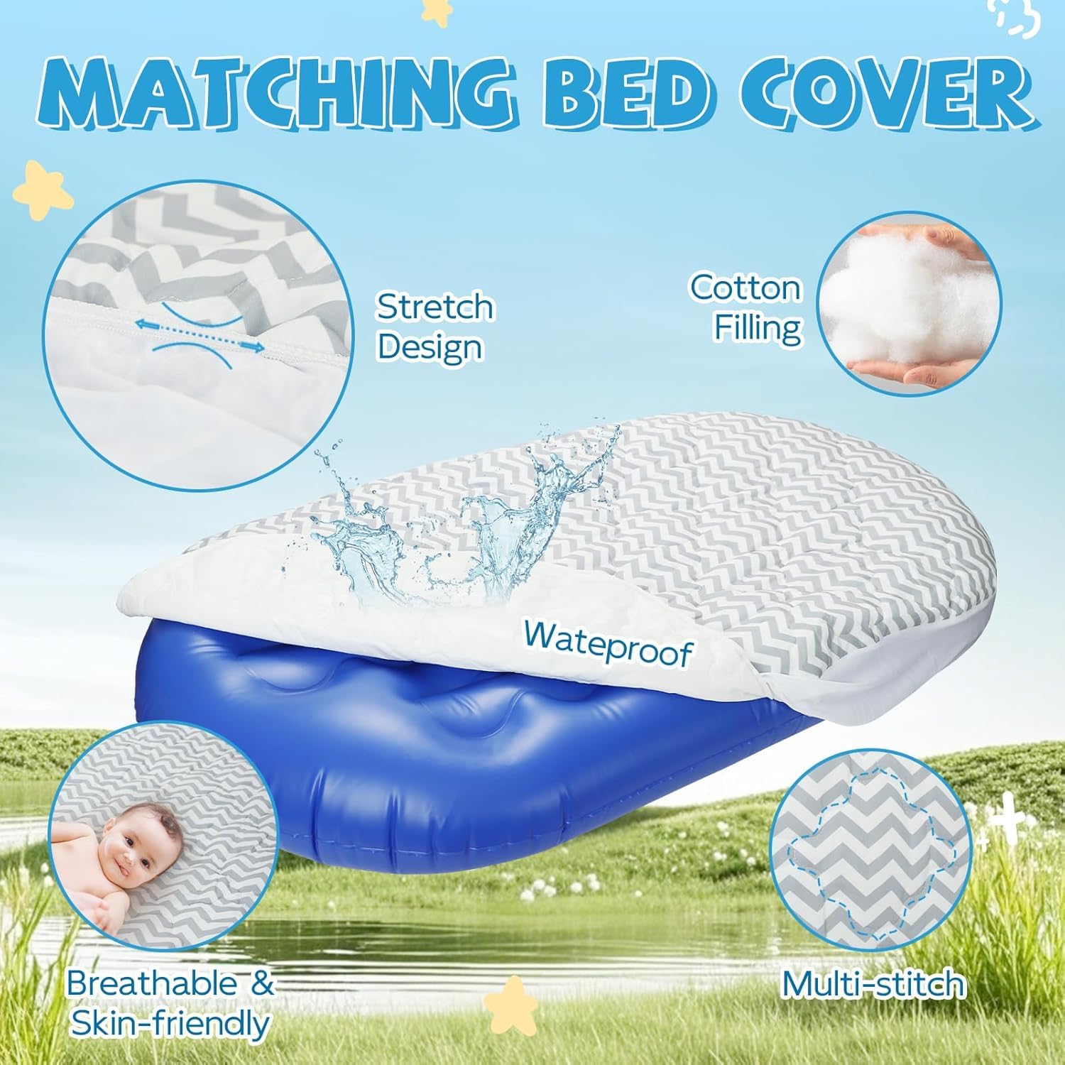 Inflatable Toddler Travel Bed - Toddler Blow Up Mattress with 3 Sides Bumpers - Kids Air Mattress with High-Speed Pump & Carry Case Easy to Inflate -Blue - 3