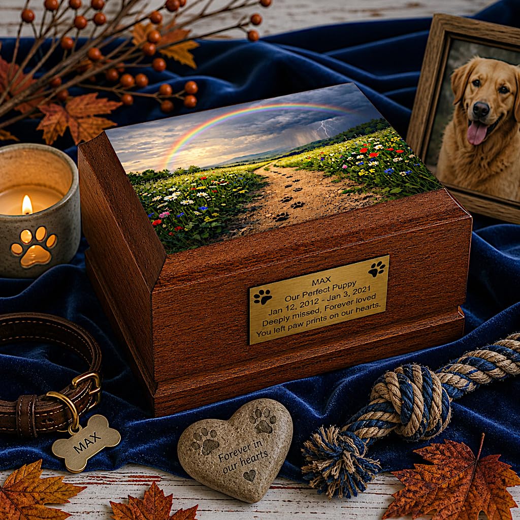 Dog Cremation Urn for Ashes – Wooden Pet Urn with Rainbow & Paw Prints Design