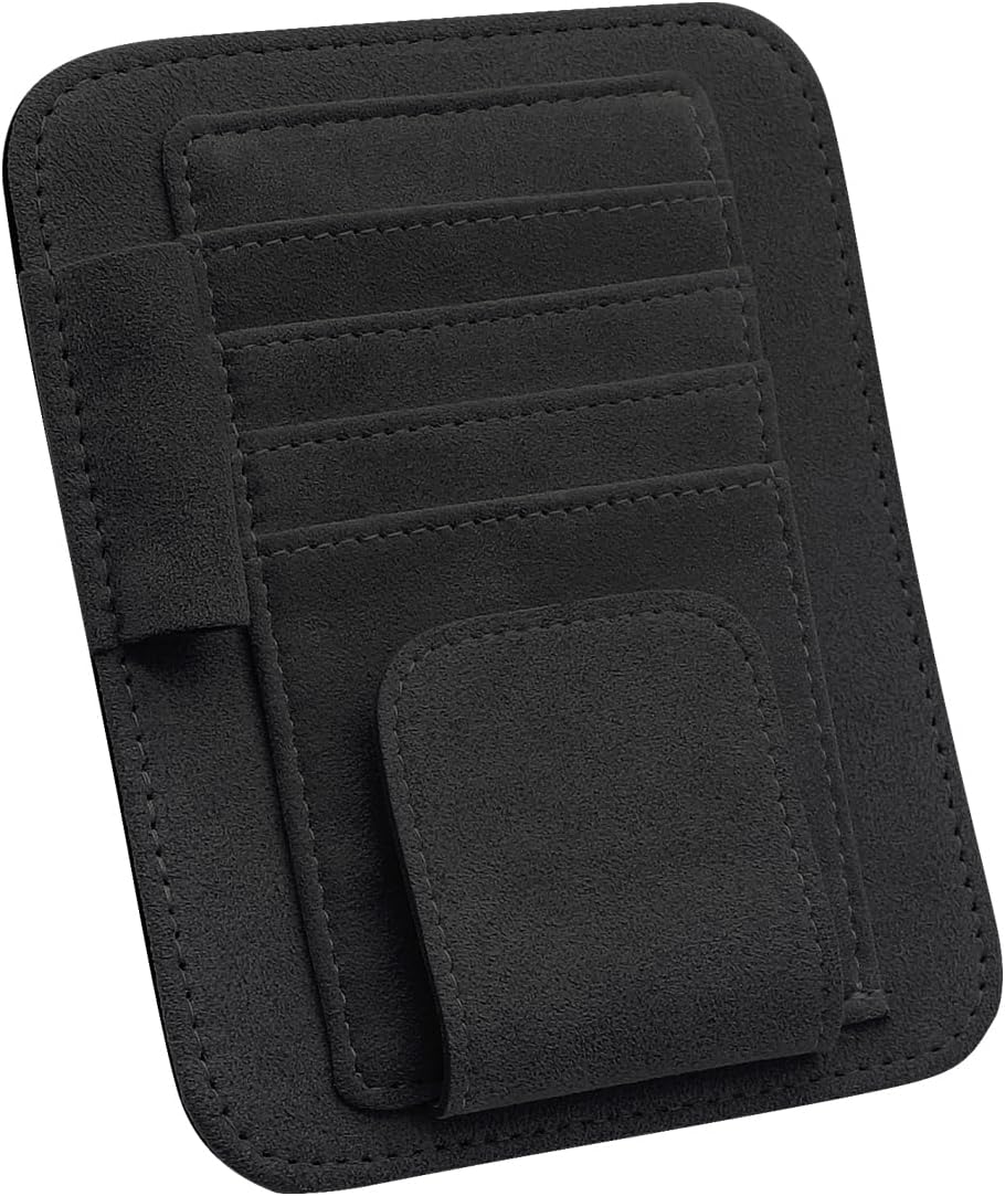Alcantara Material Car Visor Organizer, Universal Sun Visor Organizer for Trucks Vehicles Suvs, Car Visor Storage Pocket, Sun Visor Pouch For Sunglasses, Cards and Pens - 4 Card Slots - Black
