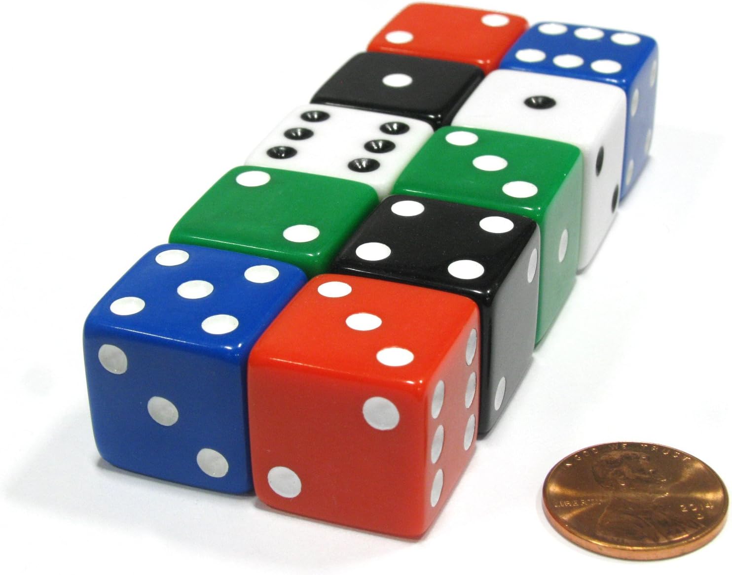 Koplow Games Set of 10 Large Six Sided Square Opaque 19mm D6 Dice - 2 Ea of 5 Assorted Colors