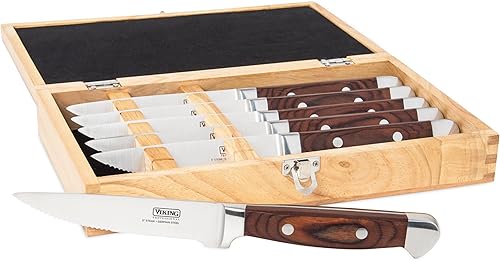 Viking Juego de cuchillos para carne, juego de 6 cuchillos de cocina de acero inoxidable con asas alemanas de madera de Pakkawood, incluye caja de