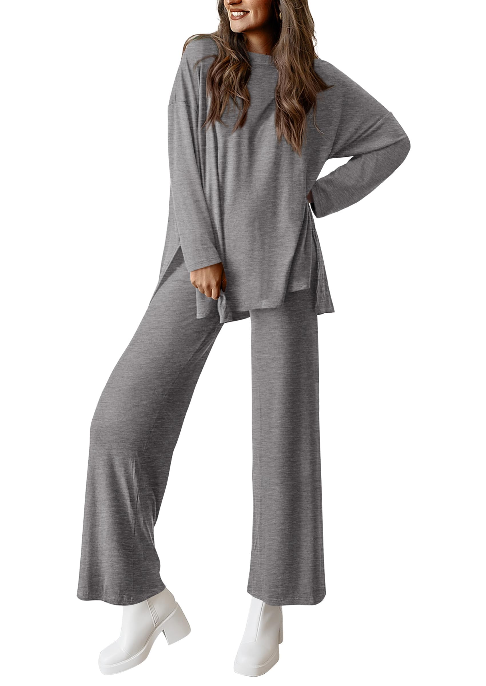 PRETTYGARDEN Women's Two Piece Lounge Sets Matching Long Sleeve Shirts Wide Leg Pants Tracksuits Travel Outfits Fall Clothes