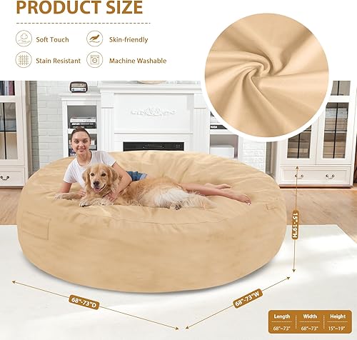 Miniatura 402 de Puf de 5 pies, puf grande con relleno de espuma viscoelástica, sofá puff esponjoso con funda de terciopelo holandés, puf redondo para sala de estar,